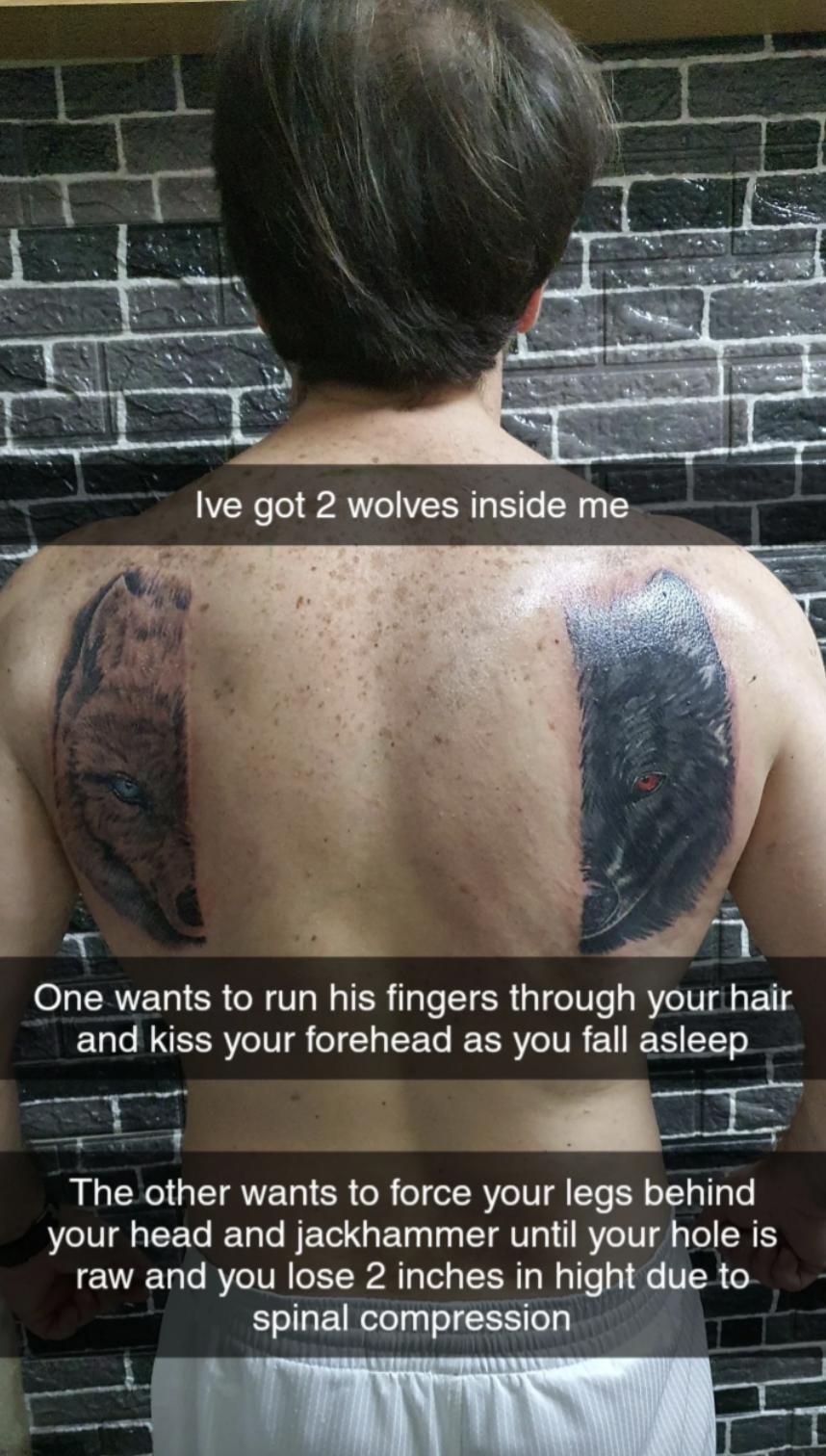 ve got 2 wolves inside me - Ive got 2 wolves inside me One wants to run his fingers through your hair and kiss your forehead as you fall asleep The other wants to force your legs behind your head and jackhammer until your hole is raw and you lose 2 inches